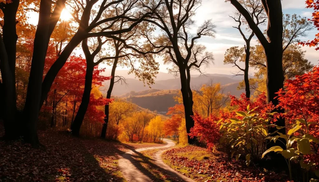 A picturesque autumn landscape in Paraguay, with lush foliage in vibrant hues of gold, orange, and crimson. Rolling hills in the distance, bathed in warm, golden sunlight filtering through wispy clouds. In the foreground, a winding path leads through a tranquil forest, fallen leaves carpeting the ground. Tall, mature trees frame the scene, their branches casting delicate shadows across the serene setting. The atmosphere is one of peaceful solitude, inviting the viewer to step into this idyllic slice of Paraguayan fall.