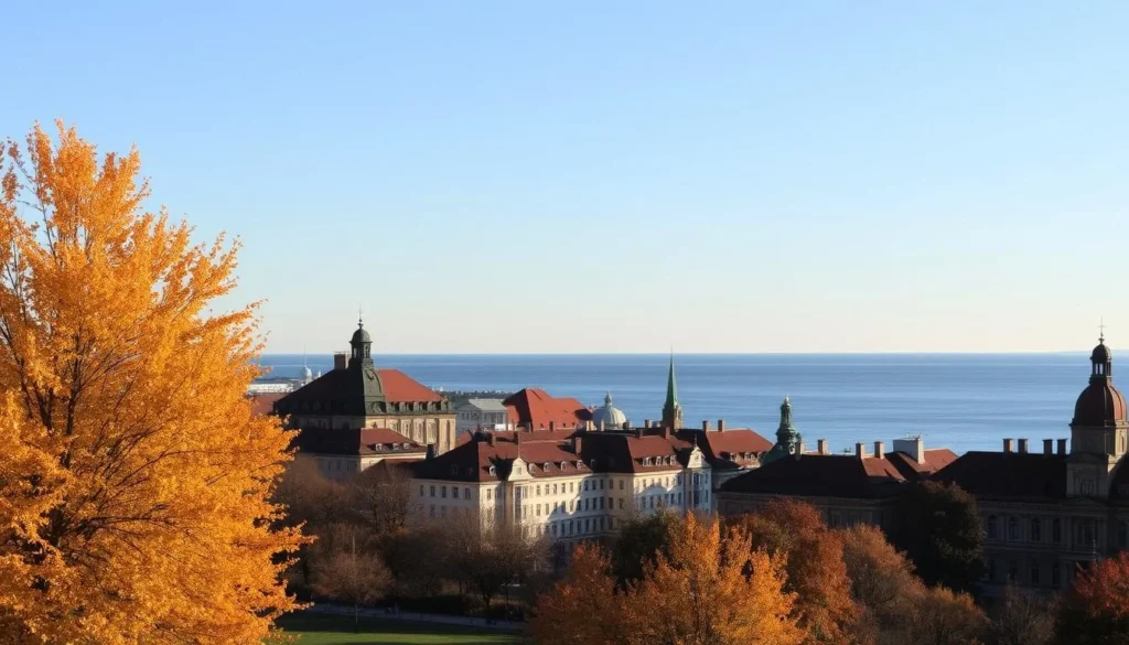 A picturesque autumn scene in Helsinki, Finland. The foreground features a tranquil park with golden-hued trees, their leaves gently swaying in the light breeze. In the middle ground, historic buildings with red-tiled roofs and ornate facades line the streets, their warm hues complementing the autumnal palette. The background showcases the serene waters of the Baltic Sea, reflecting the clear, azure sky above. Soft, diffused lighting casts a warm, golden glow over the entire landscape, creating a cozy and inviting atmosphere. The overall mood is one of peaceful contemplation, capturing the essence of autumn in this picturesque northern city.