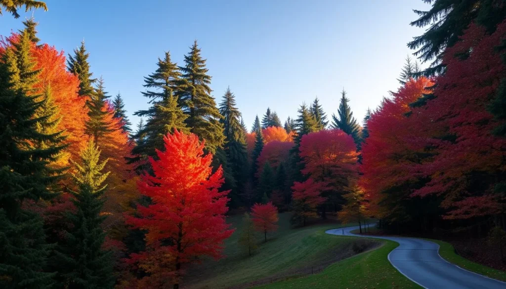 A picturesque autumn scene in Portland's lush Forest Park. Vibrant hues of red, orange, and gold leaves adorn the towering Douglas firs, creating a breathtaking tapestry against the clear blue sky. A winding path meanders through the undulating landscape, inviting the viewer to explore the serene natural wonder. Warm, diffused lighting filters through the canopy, casting a soft, golden glow over the tranquil setting. The overall mood is one of peaceful tranquility, capturing the essence of Portland's stunning fall foliage transformation.