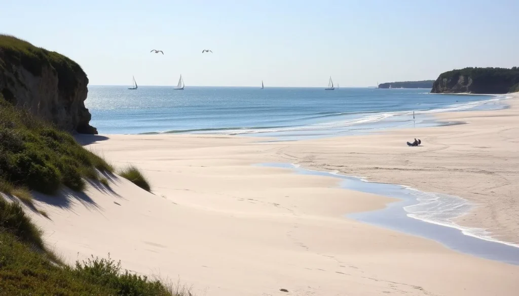 A picturesque beach along the Connecticut coastline, Silver Sands shimmers under the warm sun. Soft, silver-hued sand stretches out, meeting the gently lapping waves of the Long Island Sound. Towering dunes, dotted with lush vegetation, frame the scene, creating a natural and serene setting. In the distance, the silhouettes of sailboats dot the horizon, their masts swaying in the light breeze. Seagulls glide overhead, their cries echoing across the tranquil waters. The overall atmosphere is one of peaceful relaxation, inviting visitors to bask in the beauty of this coastal paradise.