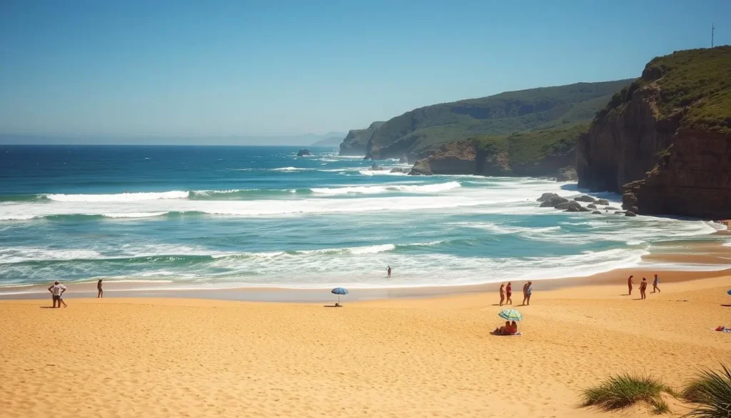 A picturesque beach in Punta del Diablo, Uruguay, on a warm, sunny day. The foreground shows golden sand dotted with colorful umbrellas and beachgoers relaxing. In the middle ground, rolling waves crash gently onto the shore, their azure hues reflecting the clear sky above. The background features rugged cliffs and lush, verdant vegetation, creating a serene and natural landscape. The scene is bathed in soft, diffused lighting, capturing the tranquil atmosphere of this coastal paradise. Shoot with a wide-angle lens to showcase the expansive beach and its breathtaking surroundings.