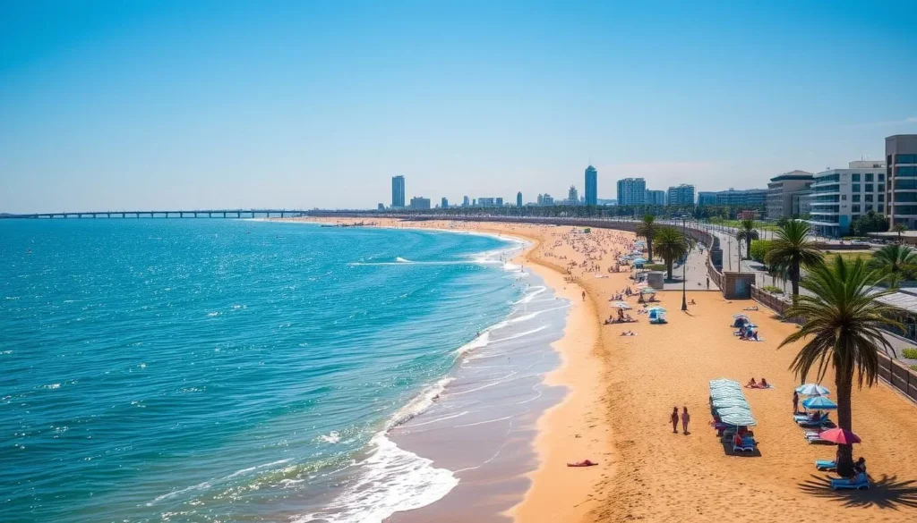 A picturesque beach scene in Montevideo, Uruguay's vibrant capital city. Sparkling azure waters of the Río de la Plata lap against the golden sands, dotted with colorful umbrellas and sunbathers soaking up the warm South American sun. In the middle ground, a promenade lined with palm trees and beachside cafes. In the distance, the iconic Rambla coastal highway and the city's modern skyline create a stunning backdrop. Soft, natural lighting illuminates the serene, relaxed atmosphere, inviting visitors to unwind and enjoy the laid-back beach lifestyle that Montevideo is known for.