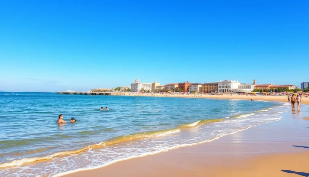 A picturesque beach scene in Piriapolis, Uruguay, with golden sand, gently lapping waves, and a clear, azure sky. In the foreground, beachgoers enjoy the warm sun, some swimming in the cool, inviting waters. The middle ground features a row of colorful beach umbrellas and cabanas, providing shade and comfort. In the background, the iconic silhouette of the Piriapolis promenade and historic buildings create a charming, seaside atmosphere. The lighting is soft and natural, capturing the serene and relaxing mood of a perfect day at the beach. Captured with a wide-angle lens to showcase the expansive, picturesque setting.