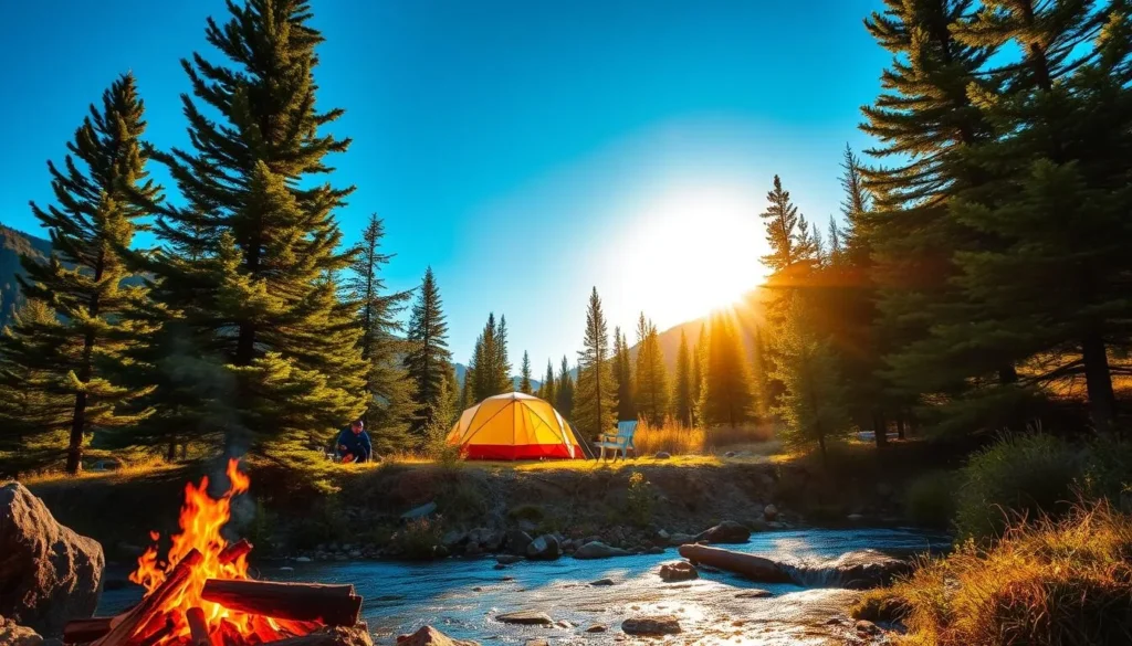 A picturesque campsite nestled in the heart of Crowsnest Pass, Alberta. Lush green pines frame a cozy tent beneath a cerulean sky, the golden sun casting a warm glow. In the foreground, a crackling campfire invites visitors to gather and enjoy the tranquility of the great outdoors. A nearby stream gently flows, its soothing sounds complementing the peaceful ambiance. Hiking trails wind through the surrounding hills, beckoning adventurous explorers. This serene scene captures the quintessential Crowsnest Pass camping experience, offering a perfect respite for those seeking a connection with nature.