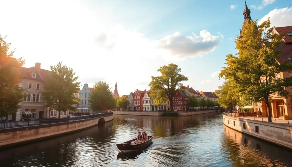 A picturesque canal flowing through the heart of Plzen, with charming historic buildings lining its banks. Reflecting the mill race's gentle current, the sky's soft blue hue and fluffy clouds create a serene, tranquil atmosphere. Tall, leafy trees line the waterway, casting dappled shadows across the scene. In the foreground, a small wooden boat drifts lazily, its occupants taking in the peaceful surroundings. The architecture features a blend of traditional Czech styles, with ornate facades and pointed roofs. Warm, golden sunlight illuminates the scene, creating a sense of warmth and nostalgia. This picturesque "Plzen Venice" offers a delightful respite from the bustle of the city.