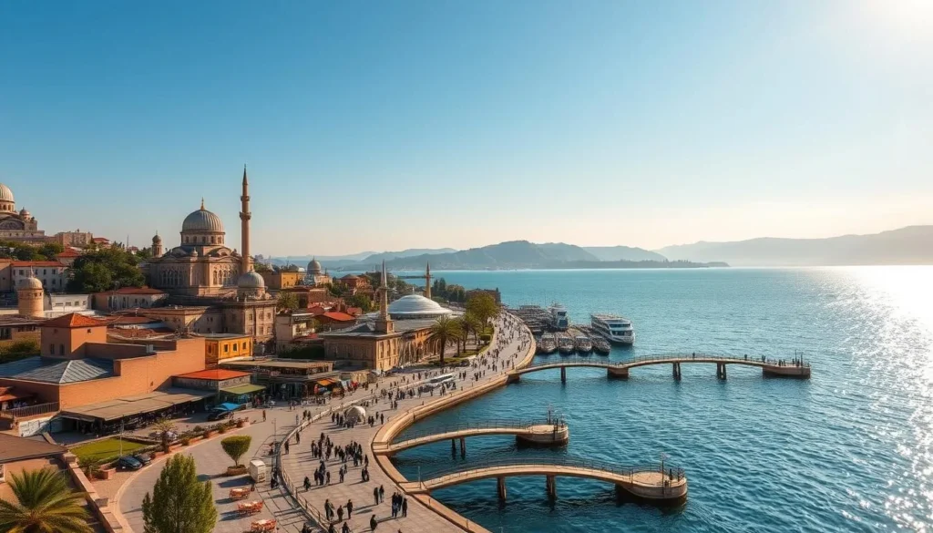 A picturesque cityscape nestled along the shores of a vast, shimmering lake. Ornate domes and minarets of ancient architecture rise into a clear, azure sky. Quaint canals and bridges wind through bustling waterfront promenades, where locals and visitors alike stroll, dine, and enjoy the tranquil, reflective waters. Warm, golden sunlight bathes the scene, casting a serene, inviting atmosphere. Capture the essence of Orumiyeh, Iran's "City of Water," in all its vibrant, watery splendor.