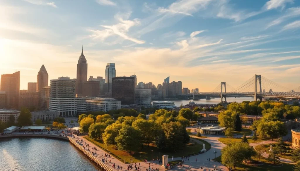 A picturesque cityscape of Detroit, Michigan during the perfect weather-savvy months. Warm sunlight filters through wispy clouds, casting a golden glow over the historic skyscrapers and modern architecture. In the foreground, a serene river and bustling riverfront come into view, with people strolling along the promenade and enjoying outdoor activities. The middle ground showcases lush, verdant parks and thriving neighborhoods, while the background features the iconic Ambassador Bridge linking Detroit to Windsor, Canada. The scene conveys an atmosphere of vibrant energy, cultural richness, and a welcoming ambiance - the ideal time to visit this remarkable city.