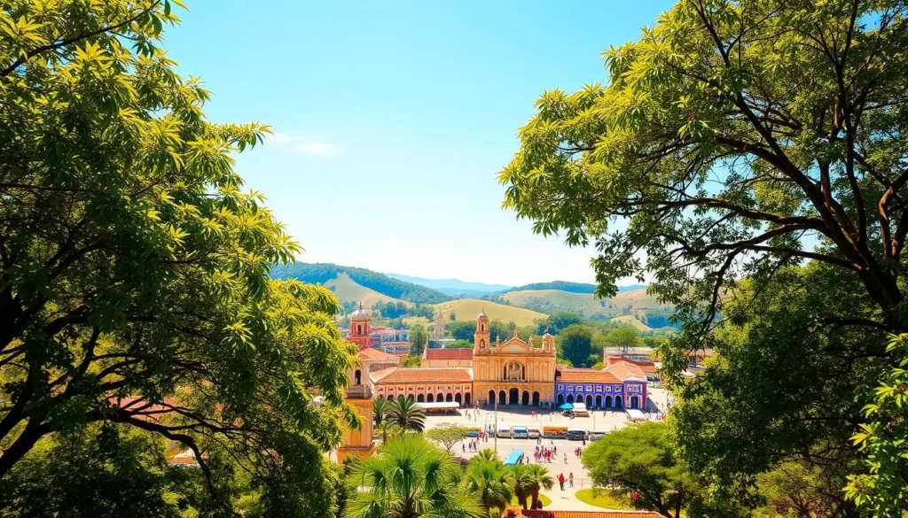 A picturesque cityscape of Feira De Santana, Brazil on a pleasant sunny day. In the foreground, lush, verdant trees sway gently in a light breeze. The mid-ground showcases a vibrant town square, with colorful colonial-style buildings and bustling local markets. In the background, rolling hills and a clear azure sky create a serene and inviting atmosphere. Warm, diffused sunlight bathes the scene, casting soft shadows and highlighting the intricate architectural details. The overall tone is one of tranquility and warmth, capturing the essence of the best time to visit this charming Brazilian city.