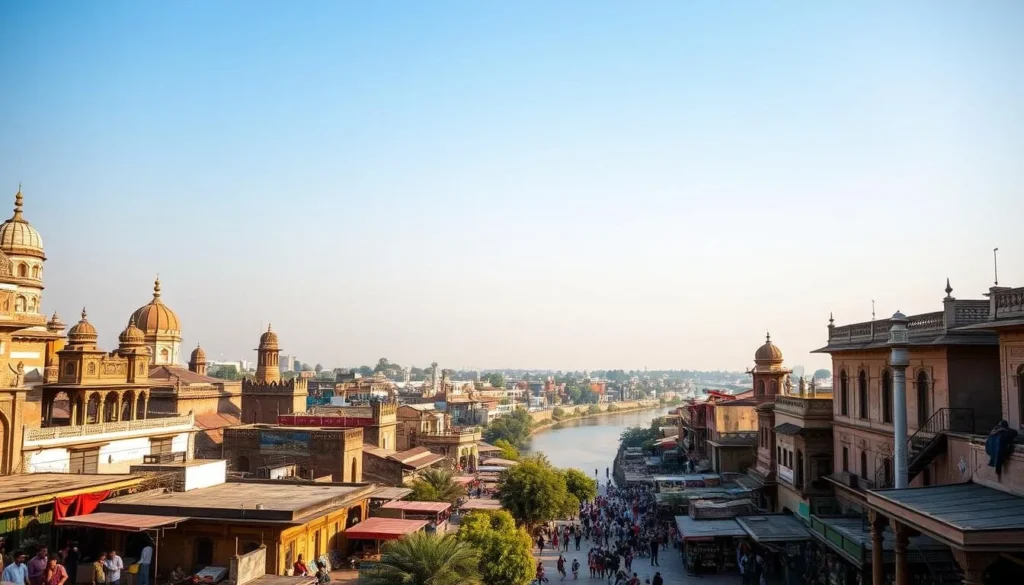 A picturesque cityscape of Firozabad, Uttar Pradesh, showcasing its rich historical legacy. Set against a clear, azure sky, the scene features a mix of traditional architectural styles, from ornate domes and minarets to stately colonial-era buildings. The bustling streets are lined with vibrant marketplaces, where artisans showcase their intricate glass and brassware crafts, a testament to Firozabad's renowned heritage. In the background, the Gomti River winds its way, reflecting the city's tranquil yet dynamic essence. The warm, golden lighting imbues the entire scene with a sense of timeless elegance, inviting the viewer to immerse themselves in Firozabad's captivating past.