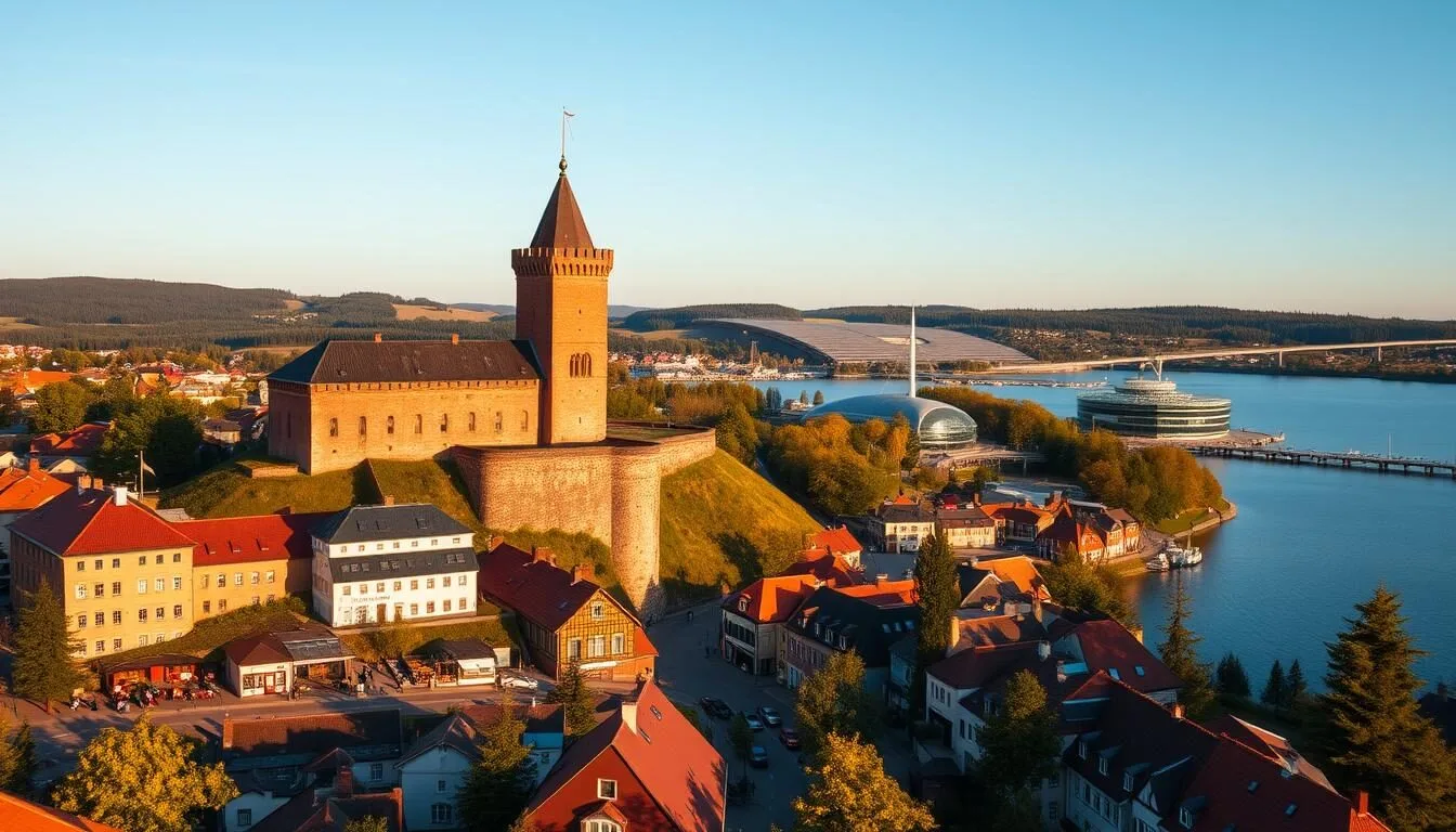 A picturesque cityscape of Hämeenlinna, Finland, bathed in warm, golden sunlight. In the foreground, the historic Häme Castle stands tall, its red-brick towers and ancient walls reflecting in the calm waters of the lake. Surrounding the castle, the charming old town comes alive with quaint cafes, boutiques, and cobblestone streets lined with colorful buildings. In the middle ground, the serene Verkatehdas Cultural Center and its distinctive modern architecture create a striking contrast. Beyond, rolling hills and dense forests frame the scene, creating a serene and inviting atmosphere. Capture the essence of Hämeenlinna's best attractions with a cinematic, wide-angle perspective.