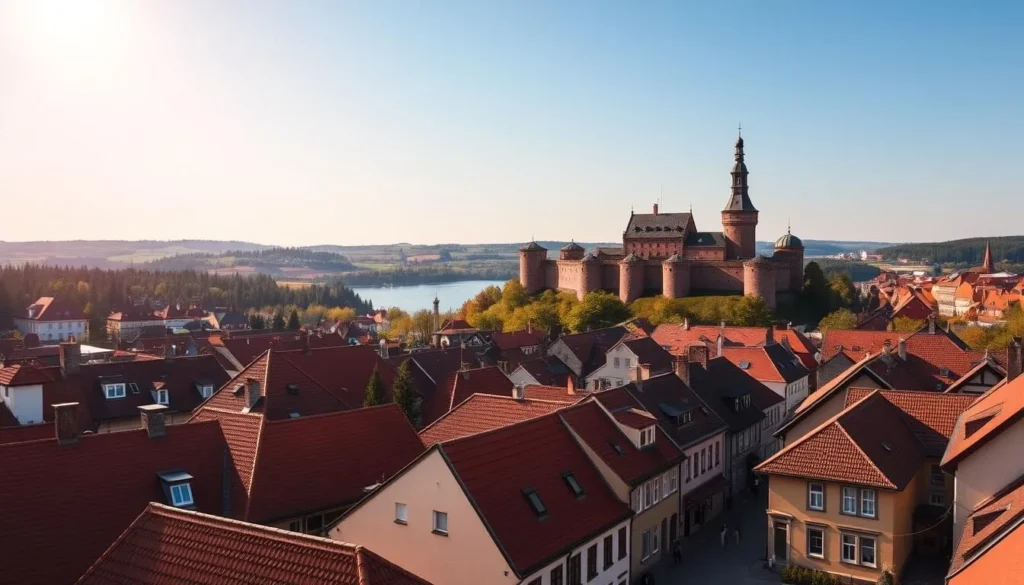 A picturesque cityscape of Hämeenlinna, Finland's oldest inland city, nestled along the serene shores of Lake Vanajavesi. In the foreground, quaint red-roofed buildings and cobblestone streets invite exploration. The mid-ground features the iconic Häme Castle, its medieval towers and walls standing proud against a clear, azure sky. In the background, rolling hills and lush forests create a harmonious natural backdrop. Warm, golden sunlight filters through, casting a gentle glow over the scene and evoking a sense of timeless charm. Capture the essence of this historic city and its picturesque setting with a medium-wide angle lens, showcasing the perfect balance of architectural elegance and natural beauty.