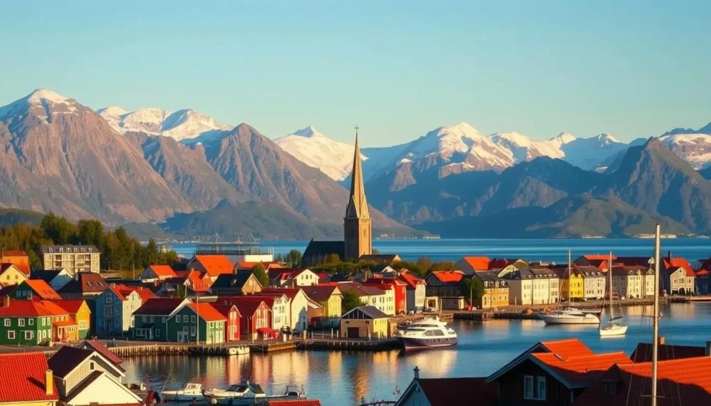 A picturesque cityscape of Haugesund, Norway's charming coastal town. In the foreground, colorful houses with red-tiled roofs line the bustling harbor, their reflections rippling in the calm waters. Towering mountains loom in the background, their snow-capped peaks kissed by the golden glow of the sun. In the middle ground, a historic church steeple rises, its spire reaching towards the azure sky. The scene is bathed in a warm, soft light, creating a serene and inviting atmosphere. Capture the essence of this hidden gem, showcasing its natural beauty and quaint, picturesque architecture.