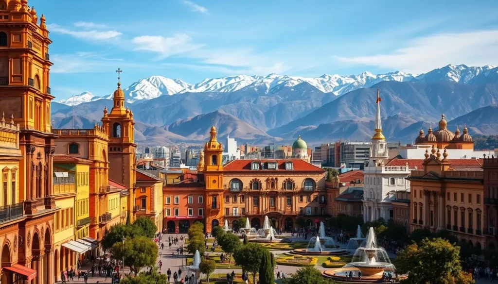 A picturesque cityscape of Huancayo, Peru, nestled amidst the majestic Andes mountains. Towering colonial-style buildings with vibrant facades line the bustling streets, their ornate architecture bathed in warm, golden sunlight. In the foreground, people stroll along the lively plazas, surrounded by lush greenery and cascading fountains. The middle ground features a mix of modern and traditional structures, their rooftops and spires dotting the skyline. In the distance, the snow-capped peaks of the Andes mountains rise majestically, creating a breathtaking backdrop to this thriving Andean city. Capture the essence of Huancayo's unique blend of historical charm and contemporary vibrancy.