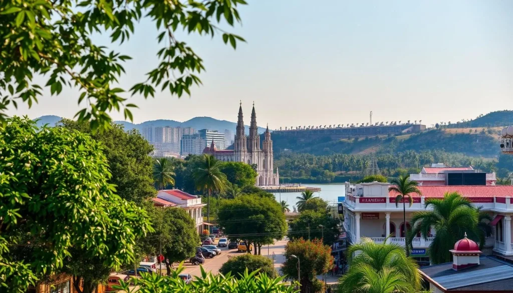 A picturesque cityscape of Kottayam, Kerala's "City of Letters". In the foreground, lush greenery and bustling streets lined with charming buildings and shops. In the middle ground, the iconic St. Mary's Jacobite Syrian Cathedral rises majestically, its towering spires reflected in the calm waters of the Meenachil River. In the background, rolling hills dotted with palm trees frame the scene, bathed in the warm glow of a sunny afternoon. The overall atmosphere is one of vibrant culture, rich history, and Kerala's serene natural beauty.