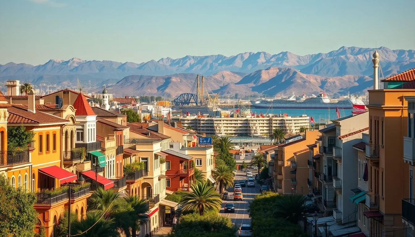 A picturesque cityscape of Lattakia, Syria, basking in the warm glow of the afternoon sun. In the foreground, vibrant Mediterranean-style buildings with intricate architectural details line the bustling streets, their facades adorned with lush greenery and colorful awnings. In the middle ground, the iconic Lattakia Harbor comes into view, with its bustling docks and towering cranes. In the distance, the rugged mountains of the coastal region rise majestically, their peaks capped with a dusting of snow. The scene is infused with a sense of tranquility and prosperity, capturing the essence of this historic and culturally rich city.