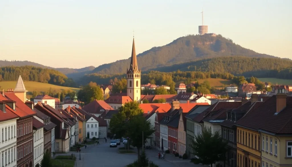 A picturesque cityscape of Liberec, Czechia, nestled amidst rolling hills and lush greenery. In the foreground, charming cobblestone streets and historic buildings with colorful facades reflect the city's old-world charm. The middle ground features the iconic Liberec Town Hall, its towering spire gleaming in the warm, golden afternoon sunlight. In the background, the majestic Jested Mountain rises, its summit capped by the distinctive Jested Tower, a unique example of 1960s modernist architecture. The scene is bathed in a soft, diffused light, creating a serene and inviting atmosphere, capturing the essence of the Liberec Region's natural beauty and architectural heritage.