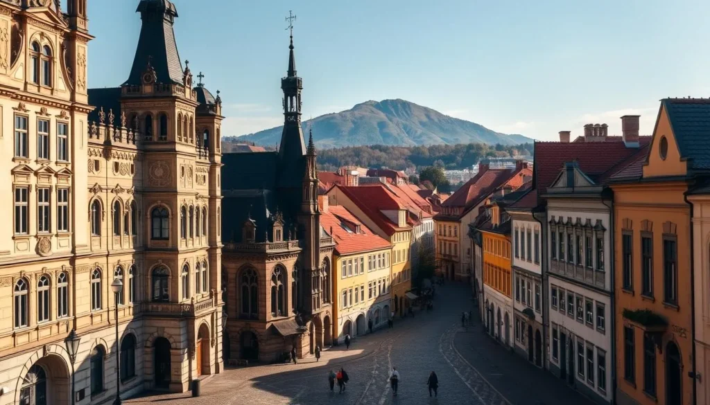 A picturesque cityscape of Liberec, Czechia, showcasing its distinctive architectural heritage. In the foreground, imposing Neo-Renaissance and Neo-Gothic structures with ornate facades, intricate detailing, and striking towers. The middle ground features quaint cobblestone streets lined with charming historic buildings, their warm tones and textured walls creating a sense of timeless elegance. The background is dominated by the majestic Jested Mountain, its silhouette casting a serene backdrop to the vibrant urban landscape. Warm natural lighting bathes the scene, accentuating the rich colors and casting dramatic shadows that add depth and dimension. Capture the essence of Liberec's architectural splendor on a pleasant, sun-drenched day.