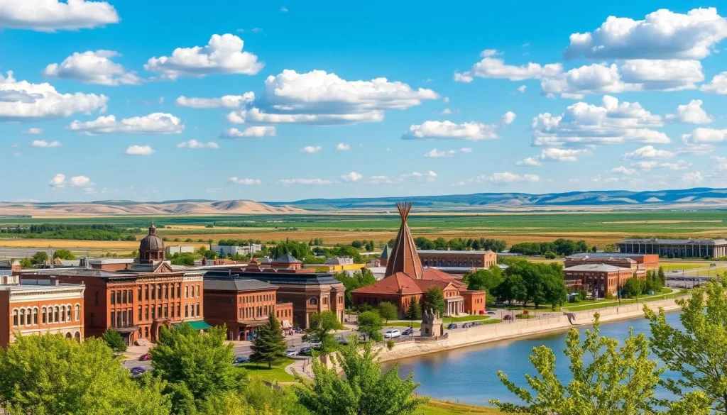 A picturesque cityscape of Medicine Hat, Alberta, nestled along the banks of the majestic South Saskatchewan River. Sunlight casts a warm glow over the city's historic brick buildings, their architecture a blend of Prairie and Victorian styles. In the foreground, lush greenery lines the riverfront promenade, inviting visitors to stroll and take in the serene atmosphere. The middle ground features the iconic Saamis Tepee, a towering landmark symbolizing the region's Indigenous heritage. Beyond, the expansive prairie landscape stretches out, dotted with rolling hills and the distant silhouettes of the Canadian Badlands. An azure sky with fluffy white clouds completes the picture, creating a tranquil and picturesque scene that captures the essence of Alberta's sunniest city.