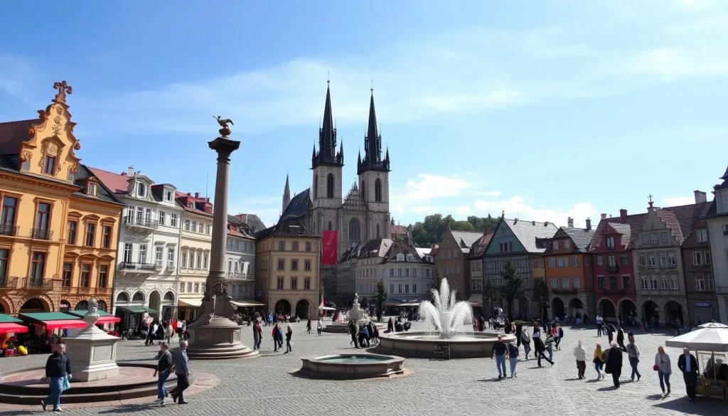 A picturesque cityscape of Olomouc, the historic heart of Moravia, nestled along the Morava River. Capture the ornate Baroque architecture of the Old Town Square, with its iconic Holy Trinity Column and fountains, surrounded by colorful buildings and cobblestone streets. Include the imposing St. Wenceslas Cathedral in the background, its twin spires reaching towards a bright, cloudless sky. Showcase the lively pedestrian activity, with locals and tourists strolling leisurely, soaking in the charming atmosphere of this well-preserved gem, a true hidden treasure of the Czech Republic.