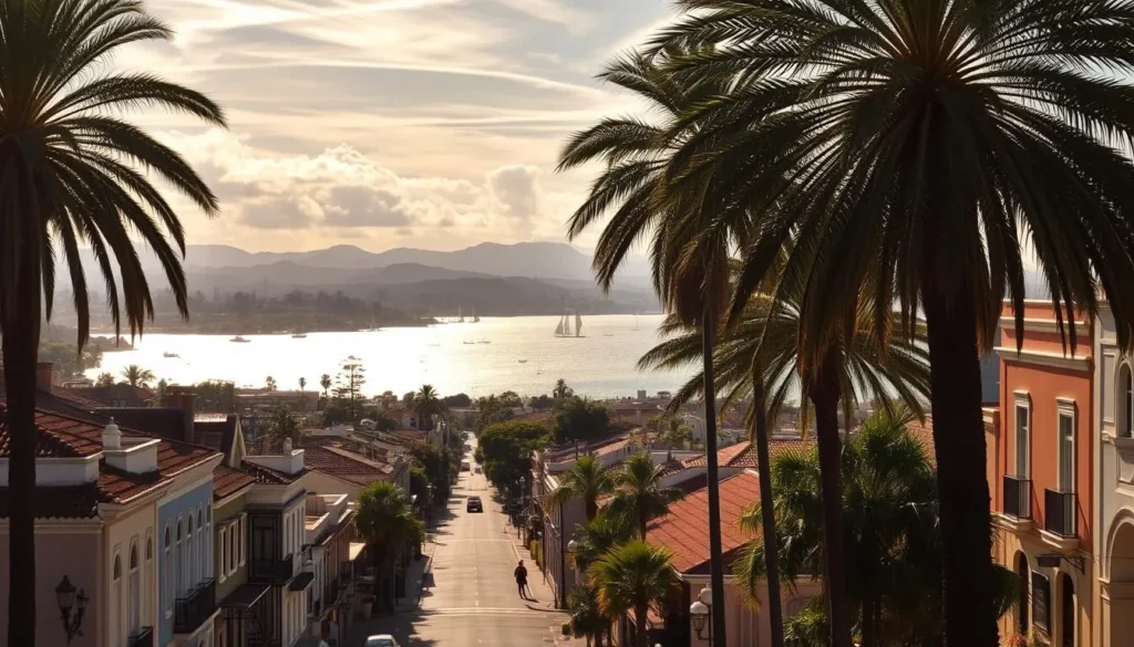 A picturesque cityscape of Paysandu, Uruguay, on a sunny day. In the foreground, charming colonial-style buildings with colorful facades line the tranquil streets. Lush palm trees sway gently, casting dancing shadows. In the middle ground, the shimmering waters of the Rio Uruguay flow peacefully, with sailboats and small fishing vessels dotting the horizon. In the background, rolling hills and verdant greenery create a serene, natural backdrop. Warm, golden light filters through wispy clouds, imbuing the scene with a serene, inviting atmosphere. Capture the essence of Paysandu's hidden charm and the picturesque beauty of this Uruguayan gem.