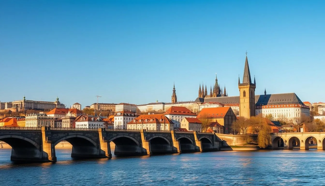 A picturesque cityscape of Prague on a pleasant spring day. In the foreground, the iconic Charles Bridge spans the serene Vltava River, its gothic arches and stone towers standing in stately grandeur. The middle ground features the charming red-roofed buildings and spires of the Old Town, bathed in warm, golden sunlight. In the background, the stately Prague Castle and the imposing St. Vitus Cathedral rise majestically, their Gothic silhouettes framed against a backdrop of a clear, azure sky. The scene exudes a timeless, romantic atmosphere, capturing the essence of Prague as a weather-savvy travel destination.
