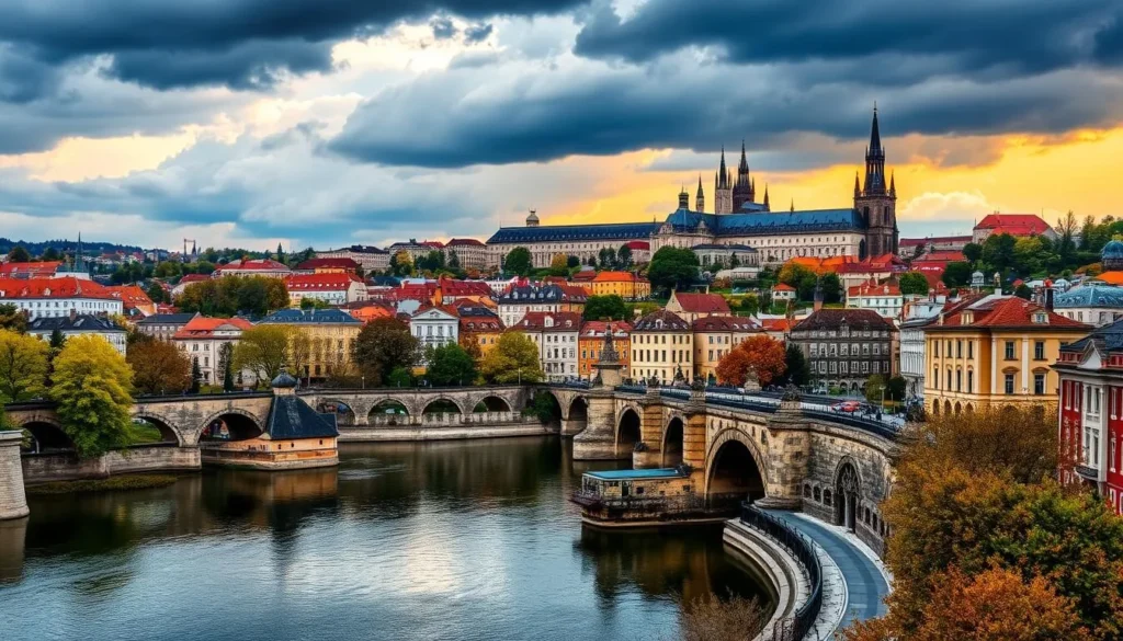 A picturesque cityscape of Prague, showcasing the enchanting transition of seasons. In the foreground, a serene Vltava River reflects the iconic Charles Bridge and its intricate Gothic architecture. The middle ground features the charming historical buildings and cobblestone streets, adorned with lush greenery in spring, vibrant autumn foliage, or a dusting of snow in winter. The background boasts the majestic silhouettes of Prague Castle and the spires of St. Vitus Cathedral, bathed in warm, golden sunlight or dramatic storm clouds. The scene captures the timeless elegance and the ever-changing beauty of this captivating European city throughout the year.