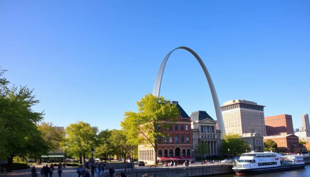 A picturesque cityscape of Saint Louis, Missouri on a pleasant spring day. The iconic Gateway Arch stands tall against a clear blue sky, its stainless steel curves gleaming in the warm sunlight. Lush, verdant trees line the streets, their vibrant foliage swaying gently in a soft breeze. In the foreground, people stroll along the bustling riverfront, taking in the serene views of the mighty Mississippi River. Elegant historic buildings dot the landscape, their timeless architecture juxtaposed with modern high-rises. The atmosphere is one of calm, inviting visitors to explore the city's rich culture and natural beauty on a weather-savvy trip.