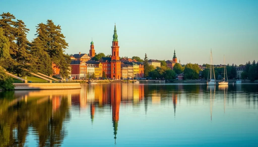 A picturesque cityscape of Tampere, Finland, nestled between the serene waters of Lake Näsijärvi and Lake Pyhäjärvi. The scene showcases the charming red-brick architecture of the city center, its historic landmarks casting warm, golden shadows under the soft, diffused lighting of a pleasant summer afternoon. Tall pines and lush greenery line the shorelines, reflecting in the still, mirrored surfaces of the lakes. Sailboats and small watercraft dot the calm waters, adding to the tranquil ambiance. The composition captures the essence of Tampere as a hidden gem, a harmonious blend of natural beauty and urban sophistication.