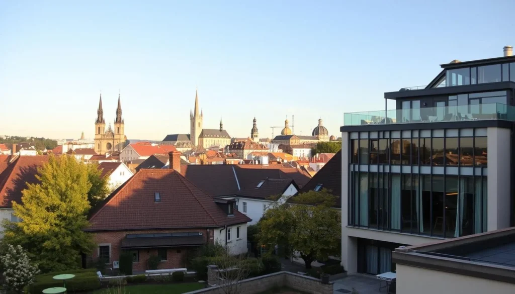 A picturesque cityscape of Teplice, Czechia showcasing its charming accommodation options. In the foreground, a cozy bed and breakfast with a well-tended garden and quaint facade. In the middle ground, a modern hotel with sleek architecture and a rooftop terrace overlooking the historic city center. In the background, the iconic spires and domes of Teplice's old town, bathed in warm, golden afternoon light. The scene exudes a sense of relaxation and hospitality, inviting the viewer to explore the diverse lodging choices this beautiful Czech destination has to offer.