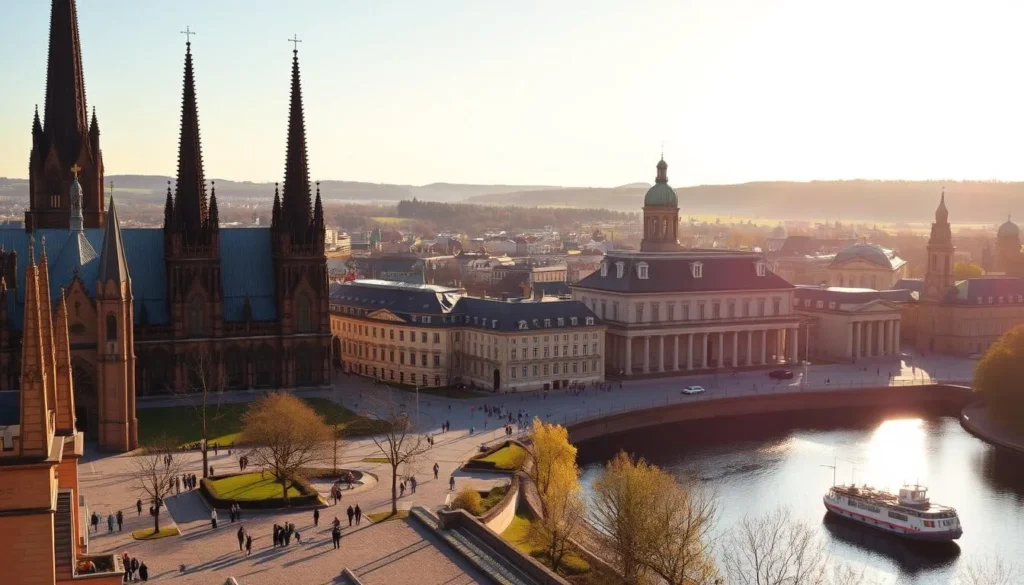 A picturesque cityscape of Uppsala, Sweden, bathed in warm afternoon sunlight. In the foreground, the iconic spires of Uppsala Cathedral rise majestically, their gothic architecture casting dramatic shadows across the bustling cobblestone streets below. Pedestrians stroll leisurely, admiring the historic buildings lining the banks of the tranquil Fyris River. In the middle ground, the stately Uppsala University buildings stand as a testament to the city's rich academic heritage, their neoclassical facades gleaming in the soft light. The background is framed by rolling hills and lush greenery, creating a serene and inviting atmosphere that captures the essence of Uppsala as Sweden's historical and cultural heart.