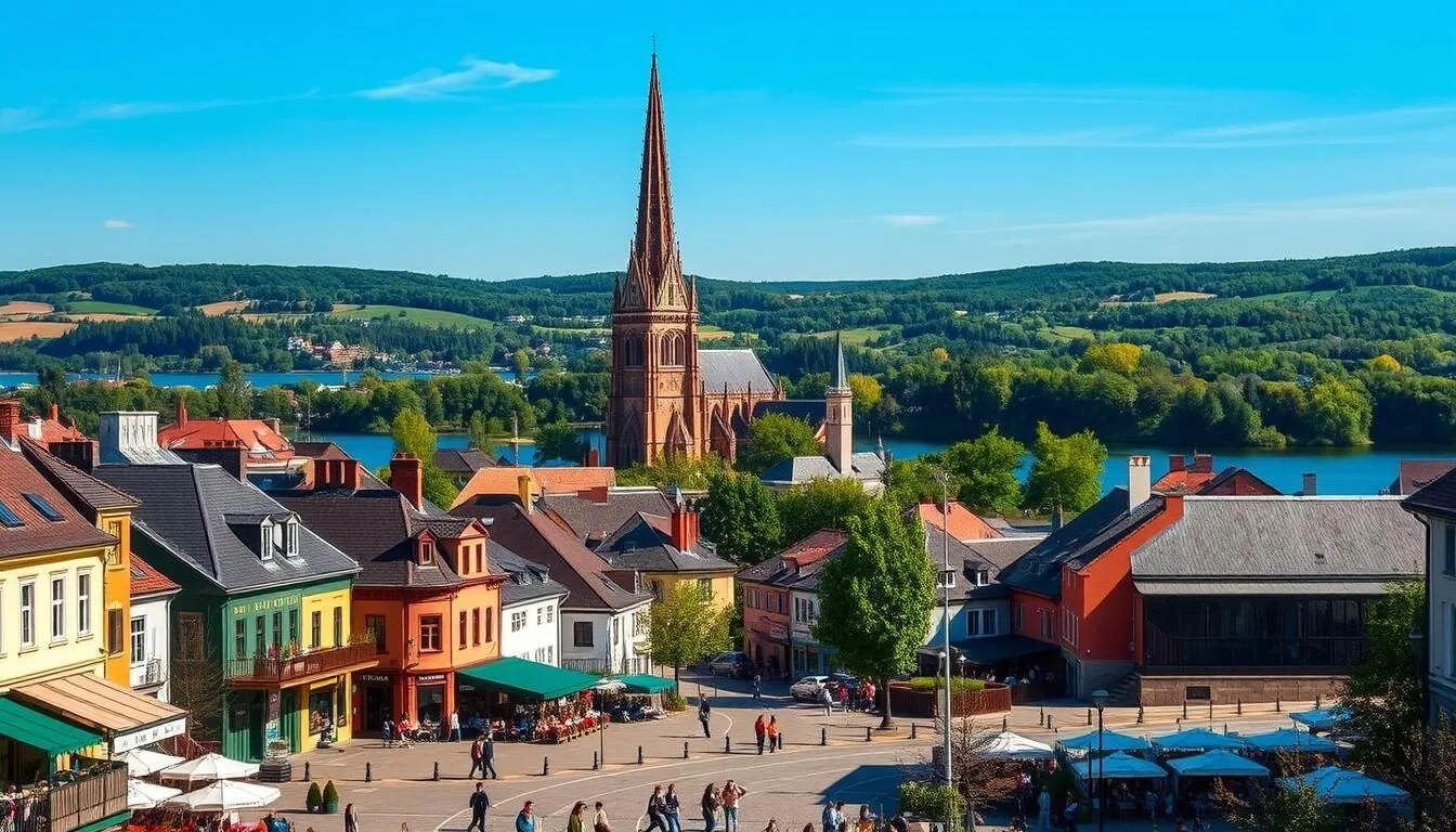 A picturesque cityscape of Västerås, Sweden on a sunny day. The foreground features a bustling town square with charming cafes, shops, and locals going about their daily activities. In the middle ground, the iconic Västerås Cathedral stands tall, its gothic spires reaching towards the sky. The background is dominated by a serene lake surrounded by rolling hills and lush, verdant trees. The scene is bathed in warm, golden light, creating a welcoming and inviting atmosphere. Capture the essence of this vibrant Swedish city, showcasing its historical architecture, natural beauty, and vibrant community spirit.