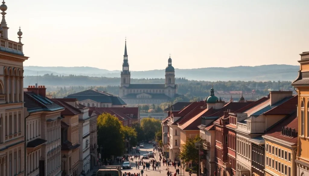 A picturesque cityscape of Vilnius, Lithuania, bathed in warm, golden sunlight. In the foreground, a bustling street lined with charming, historic buildings, their facades adorned with intricate architectural details. People stroll along the sidewalks, enjoying the pleasant weather. In the middle ground, the iconic spires and domes of Vilnius Cathedral and the Gediminas Tower stand tall, casting long shadows over the city. In the background, rolling hills and lush, green forests create a serene, natural backdrop, complementing the urban landscape. The scene exudes a sense of tranquility and invites the viewer to explore the city's rich history and vibrant culture on a weather-savvy trip.