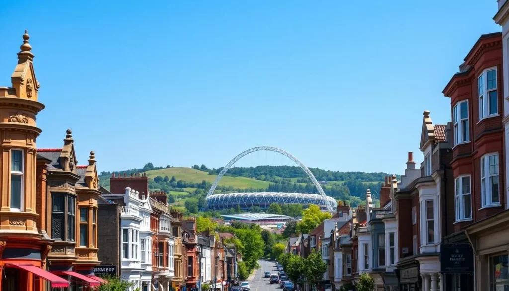A picturesque cityscape of the London Borough of Brent, England, on a bright and sunny day. In the foreground, a bustling street lined with charming Victorian-era buildings, their facades adorned with intricate architectural details. In the middle ground, a glimpse of the iconic Wembley Stadium, its distinctive arch reaching towards the clear, azure sky. The background is dominated by the rolling hills and lush greenery of the nearby parklands, creating a serene and inviting atmosphere. The image is captured through a wide-angle lens, giving a sense of depth and scale to the scene. The overall mood is one of vibrant energy and a welcoming invitation to explore the vibrant heart of the London Borough of Brent.