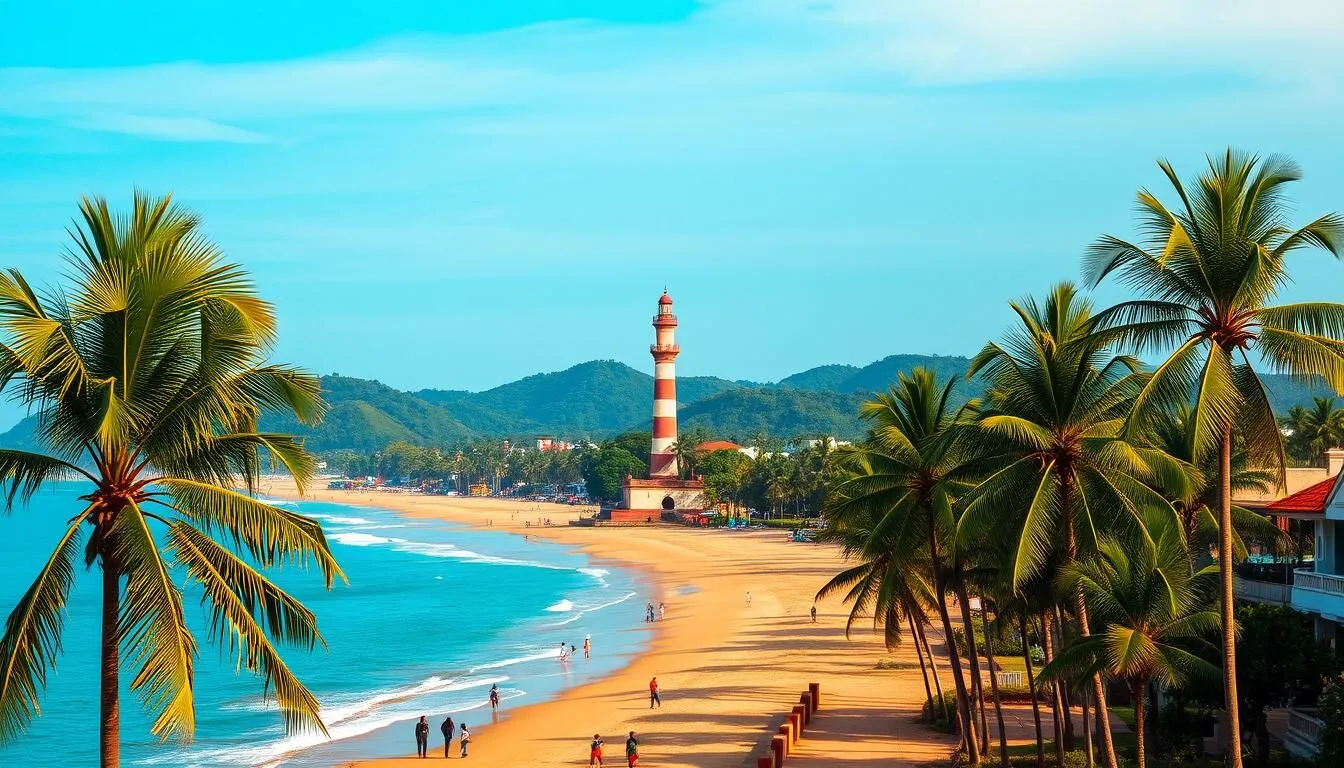 A picturesque coastal city in southern India, Mangaluru boasts a captivating blend of natural and cultural attractions. Depict the serene Arabian Sea shoreline, with swaying palm trees and beachgoers strolling along the golden sands. In the middle ground, showcase the iconic Mangaluru lighthouse, its towering structure standing tall against the azure sky. In the background, include the lush, verdant hills that surround the city, creating a breathtaking panoramic view. Utilize warm, golden lighting to evoke the pleasant, relaxed atmosphere of a sunny day in Mangaluru. Capture the unique architectural style of the region, blending traditional and modern elements. Strive for a sense of tranquility and harmony, reflecting the city's enchanting appeal as a top destination in Karnataka.