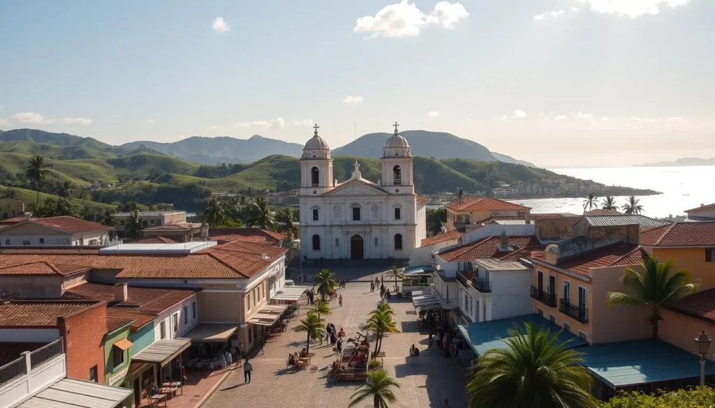 A picturesque coastal city nestled along the shores of Isla Margarita, La Asunción showcases a blend of Spanish colonial architecture and vibrant local culture. In the foreground, capture the bustling central plaza, its cobblestone streets lined with colorful buildings, lively cafes, and local artisans showcasing their wares. In the middle ground, the towering white-washed cathedral of Nuestra Señora de la Asunción dominates the skyline, its grand bell towers and ornate facade reflecting the city's rich history. In the background, rolling green hills dotted with palm trees and the sparkling Caribbean Sea create a picturesque natural backdrop, bathed in warm, golden sunlight that casts a serene, inviting atmosphere over the entire scene.