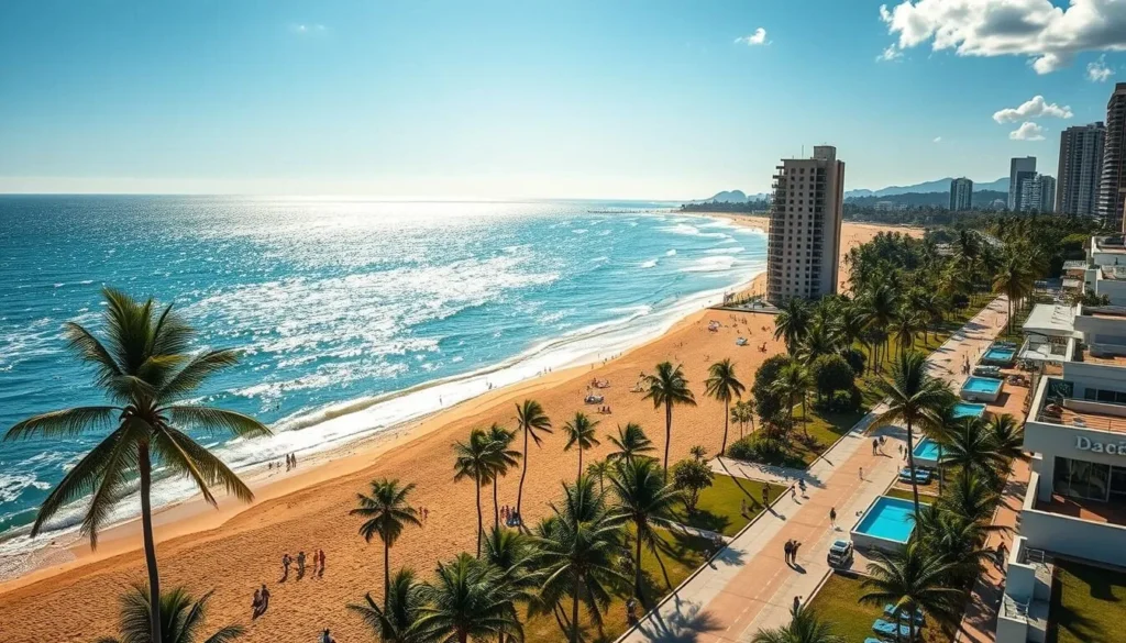 A picturesque coastal landscape, Balneario Camboriu beach in Brazil. Shimmering azure waters lap against golden sands, framed by lush palm trees swaying gently in the warm breeze. Towering condominium buildings line the shore, their modern architecture complementing the natural beauty. Beachgoers bask in the sun, enjoying water sports and strolling along the bustling promenade. Capture the vibrant energy and tranquil atmosphere of this iconic Brazilian destination, utilizing a wide-angle lens to showcase the scenic splendor in all its glory. Illuminate the scene with soft, natural lighting to accentuate the vibrant hues and create a serene, inviting ambiance.