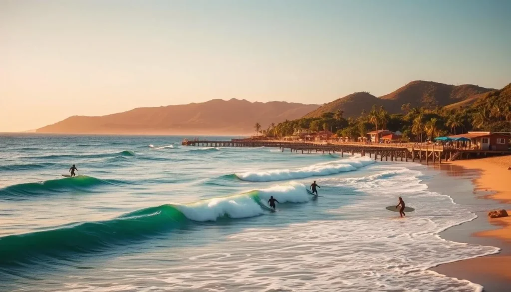 A picturesque coastal landscape along the eastern shores of Ilha de Santa Catarina, Brazil. Warm, golden sunlight bathes the scene, casting a serene glow over the gently lapping waves and pristine sandy beaches. In the foreground, a group of surfers gracefully navigate the rolling swells, their silhouettes etched against the vibrant azure waters. The middle ground features a scattering of vibrant beachside cafes and rustic wooden docks, where locals and visitors alike gather to savor the laid-back island atmosphere. In the distance, verdant hills and lush tropical foliage frame the horizon, creating a picturesque backdrop for this idyllic seaside setting. Captured with a wide-angle lens, this image conveys the tranquil beauty and allure of the eastern beaches, a true surfing and leisure hotspot on Ilha de Santa Catarina.