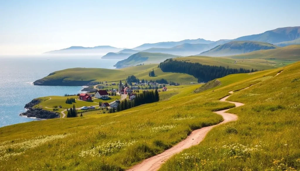 A picturesque coastal landscape in Halland County, Sweden, with rolling hills, lush meadows, and the sparkling azure waters of the Kattegat Sea. In the foreground, a winding dirt path leads through a verdant field dotted with wildflowers. In the middle ground, a quaint red-roofed village nestles among the undulating terrain, its charming architecture bathed in warm, golden sunlight. In the background, the horizon is dominated by the rugged, pine-clad hills that characterize this scenic region, their slopes softened by a hazy blue-gray mist. The overall scene conveys a sense of tranquility and natural beauty, perfectly capturing the essence of Sweden's picturesque coastal gem, Halland County.