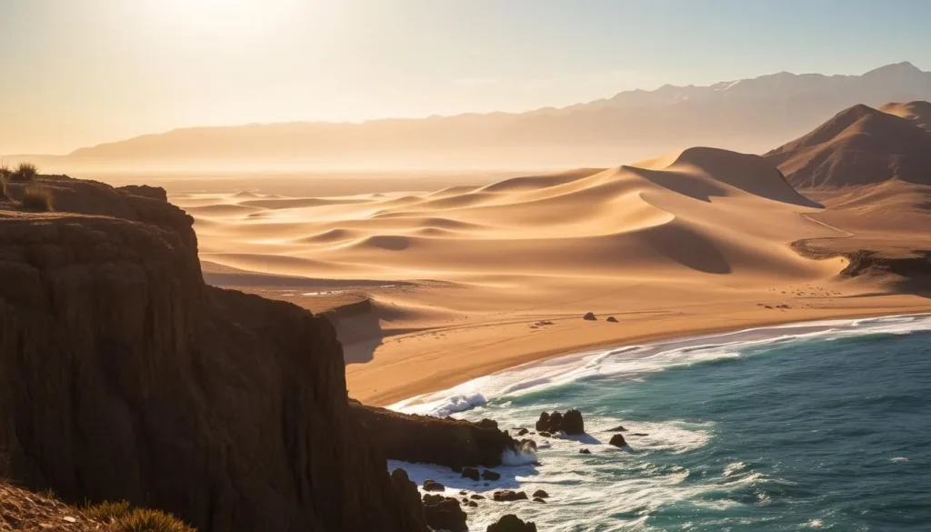 A picturesque coastal landscape in Iquique, Chile, bathed in warm, golden sunlight. In the foreground, rugged cliffs plunge into the azure Pacific Ocean, with crashing waves lapping against the rocky shore. Towering sand dunes stretch across the middle ground, their undulating forms casting long shadows across the sandy expanse. In the distance, the Andes mountains rise majestically, their snow-capped peaks reflecting the brilliant sky. A gentle breeze rustles the sparse vegetation, creating a serene and tranquil atmosphere. Capture the natural beauty and tranquility of this stunning coastal destination.
