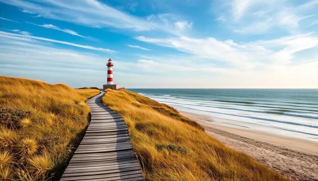 A picturesque coastal scene at Cape Henlopen, Delaware. In the foreground, a rugged wooden boardwalk leads visitors through a lush dune landscape dotted with beach grass and wildflowers. In the middle ground, the iconic Cape Henlopen lighthouse stands tall, its red-and-white striped exterior bathed in warm, golden sunlight. Beyond, the expansive Atlantic Ocean stretches out to the horizon, its gently rolling waves lapping against the sandy shore. Wispy clouds drift across a brilliant blue sky, casting soft shadows over the serene scene. The overall atmosphere is one of tranquility and natural beauty, inviting photographers to capture the breathtaking coastal vistas.
