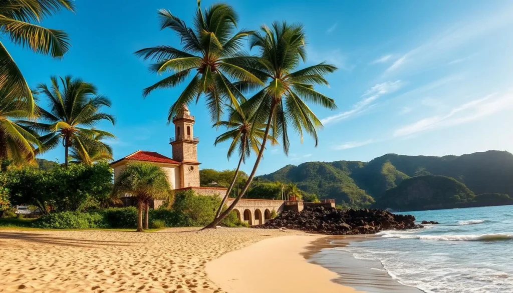 A picturesque coastal scene of Ilha Anchieta, Brazil. A tranquil beach with soft golden sand and gentle waves lapping at the shore. In the foreground, sun-dappled palm trees sway in the light breeze. The middle ground features a historic stone lighthouse, its red-tiled roof and whitewashed walls standing tall against the azure sky. In the distance, lush green hills and rugged cliffs rise up, creating a dramatic natural backdrop. The atmosphere is serene and inviting, with a warm, golden light illuminating the entire scene. Capture this idyllic tropical paradise through a wide-angle lens, showcasing the stunning natural beauty of Ilha Anchieta.