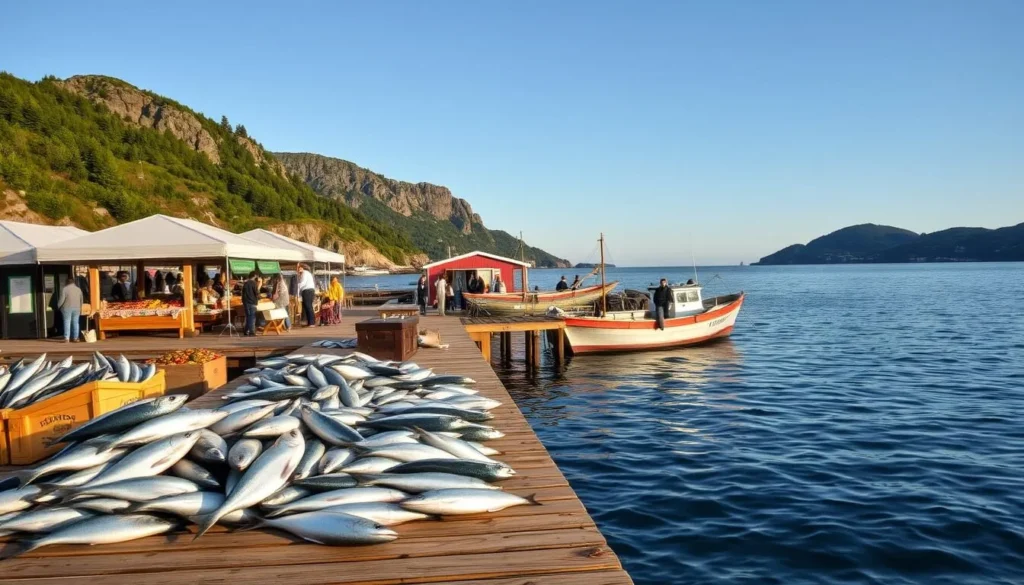 A picturesque coastal scene of Kosterhavet National Park, Sweden, showcasing a bountiful display of locally sourced seafood. In the foreground, a wooden pier extends into the calm, azure waters, where fishermen unload their daily catch of glistening salmon, cod, and herring. The middle ground features a bustling open-air market, where vendors enthusiastically offer their fresh, sustainably harvested produce to eager visitors. In the background, rugged cliffs and lush, verdant foliage frame the serene landscape, creating a harmonious blend of land and sea. Warm, natural lighting illuminates the scene, casting a soft, inviting glow and capturing the essence of the region's renowned culinary delights.