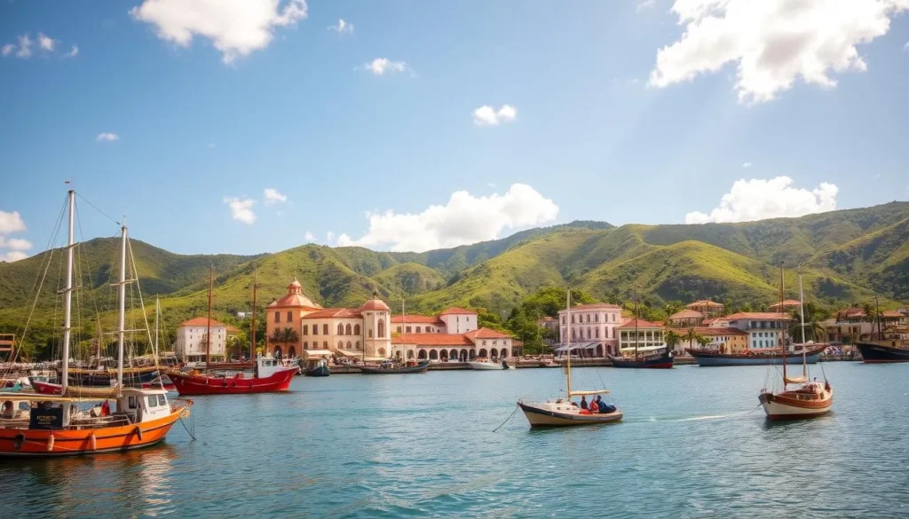 A picturesque coastal scene of Puerto Cabello port, Venezuela, under a bright, sun-dappled sky. The tranquil harbor is dotted with vibrant fishing boats and sleek cargo ships, their masts and riggings casting intricate shadows. In the middle ground, the historic port town's colorful colonial architecture, with its red-tiled roofs and whitewashed walls, rises gently from the waterfront. The background features the lush, verdant hills and mountains that frame the harbor, their slopes bathed in warm, golden light. The overall atmosphere evokes a sense of timeless serenity and maritime tradition, befitting the historical significance of this important Venezuelan port.