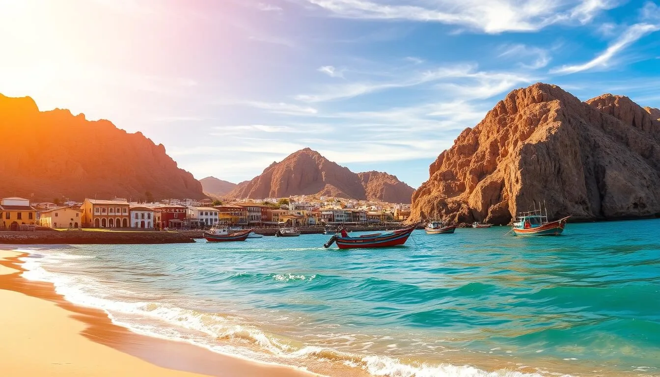 A picturesque coastal town in Paracas, Peru, nestled between rugged cliffs and the tranquil Pacific Ocean. In the foreground, a pristine beach with soft golden sand and gently lapping waves. In the middle ground, vibrant traditional fishing boats dotting the turquoise waters. In the background, towering ochre-colored cliffs and a clear azure sky with wispy clouds. Warm, natural sunlight bathes the scene, creating a serene and inviting atmosphere. Capture the essence of this stunning Peruvian travel destination, where nature and culture seamlessly intertwine.