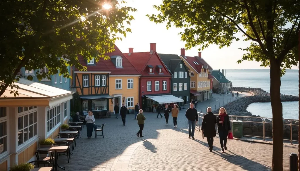 A picturesque coastal town in southern Sweden, Ystad is the perfect backdrop for a serene travel getaway. Capture the charming old town with its quaint cobblestone streets, colorful half-timbered houses, and tranquil harbor. Bask in the warm sunlight filtering through the trees, casting a soft glow on the historic architecture. In the foreground, a cozy cafe terrace invites you to savor a traditional fika - a Swedish coffee break with pastries. The middle ground showcases locals and visitors strolling leisurely, taking in the relaxed seaside ambiance. In the distance, the Baltic Sea glistens, its gentle waves lapping against the rocky shoreline. Convey the quintessential Scandinavian atmosphere of Ystad, a picturesque town that embodies the essence of a memorable Swedish travel experience.
