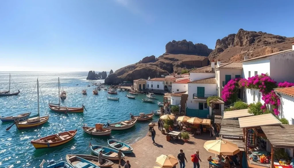 A picturesque coastal town nestled along the Pacific Ocean, a day trip from Mancora, Peru. Sunlight dances across the azure waters, illuminating the vibrant fishing boats bobbing gently in the harbor. In the foreground, a quaint marketplace bustles with locals and travelers, offering an array of fresh seafood, colorful produce, and handcrafted goods. The middle ground reveals charming whitewashed buildings with red-tiled roofs, their facades adorned with bougainvillea cascading down the walls. In the distance, rugged cliffs rise, their rocky outcroppings framing the serene coastal landscape. The atmosphere is one of tranquility and authenticity, inviting visitors to immerse themselves in the rhythm of daily life in this picturesque Peruvian town.