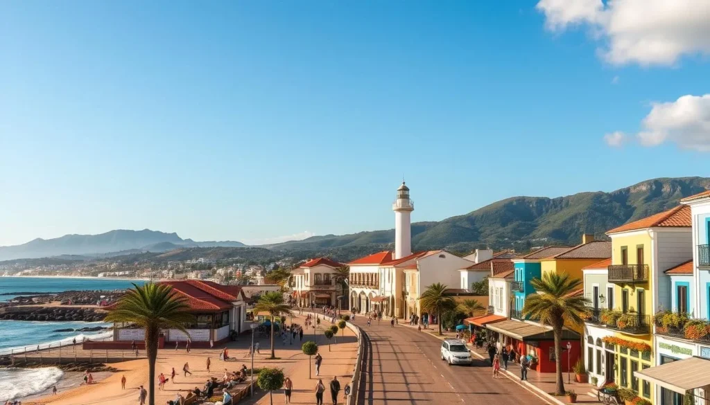 A picturesque coastal town nestled along the shores of the Atlantic Ocean, La Paloma boasts a charming, laid-back atmosphere. Capture the sun-drenched promenade lined with colorful, low-rise buildings, their facades adorned with quaint balconies and vibrant window boxes. In the foreground, stroll along the bustling beachfront, where locals and visitors alike gather to savor the gentle ocean breeze and take in the stunning vistas. In the middle ground, the town's iconic lighthouse stands tall, guiding ships safely to shore. In the distance, rolling hills and verdant forests create a serene, natural backdrop, complementing the town's coastal ambiance. Utilize a wide-angle lens to showcase the town's picturesque setting, with warm, golden lighting that illuminates the scene and captures the essence of this tranquil Uruguayan retreat.
