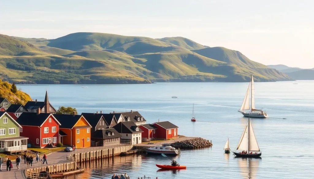 A picturesque coastal town nestled in the stunning fjords of Nordland, Norway. Colorful wooden houses line the waterfront, their reflections dancing on the tranquil sea. In the foreground, people stroll along the quaint harbor, taking in the breathtaking scenery. Kayakers glide silently through the serene waters, as sailboats with billowing white sails dot the horizon. In the middle ground, rolling green hills dotted with wildflowers provide a verdant backdrop. The scene is bathed in warm, golden sunlight, creating a serene and inviting atmosphere that captures the essence of sustainable tourism in this magnificent region.
