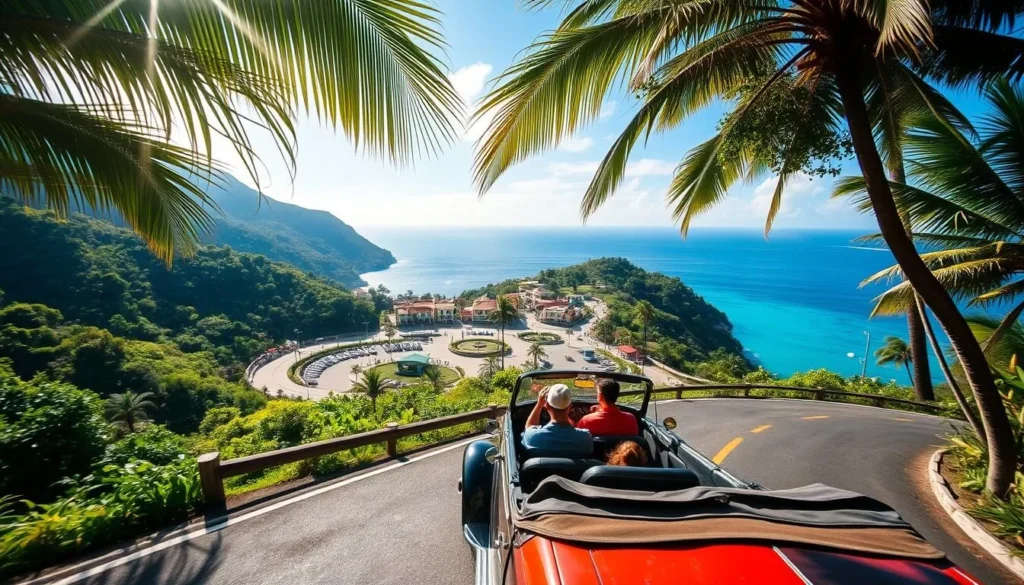 A picturesque coastal village nestled in a verdant valley, Choroni beckons with its tranquil charm. Capture the journey there, a winding road snaking through lush mountains, offering breathtaking vistas at every turn. Sunlight filters through swaying palm fronds, casting a warm glow over the scene. In the foreground, a vintage convertible navigates the curving asphalt, its passengers eagerly anticipating the seaside haven ahead. The middleground features a quaint town square, vibrant with local shops and cafes. In the distance, the Caribbean Sea shimmers, its azure waters meeting the horizon. Convey the sense of adventure and exploration, as travelers embark on their journey to the picturesque town of Choroni.