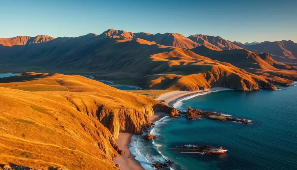 A picturesque coastline of Trøndelag, Norway, with rugged cliffs, pristine sandy beaches, and crystal-clear turquoise waters. Capture the serene and tranquil atmosphere of this scenic landscape, bathed in warm, golden sunlight that gently illuminates the undulating terrain. Showcase the dramatic interplay of land and sea, with the majestic mountains serving as a stunning backdrop. Emphasize the natural beauty and tranquility of this breathtaking coastal region, inviting the viewer to immerse themselves in the peaceful, unspoiled beauty of Trøndelag's wild and captivating shoreline.